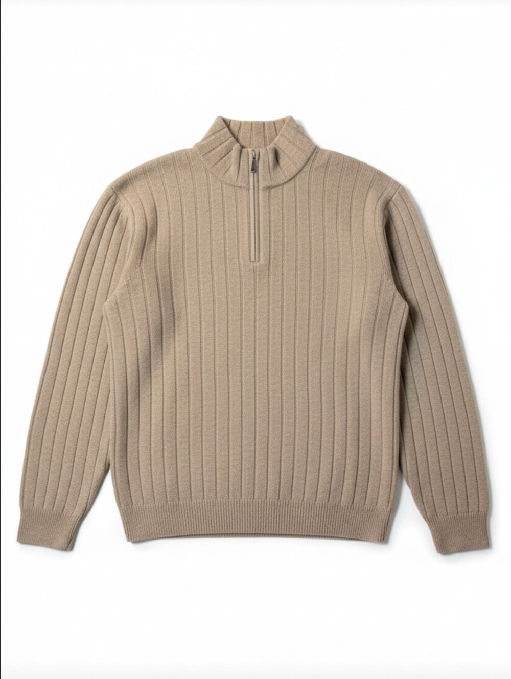 Vintage Hathaway Sweater - Tan Ribbed Knit - 100% Italian Lambswool Quarter Zip